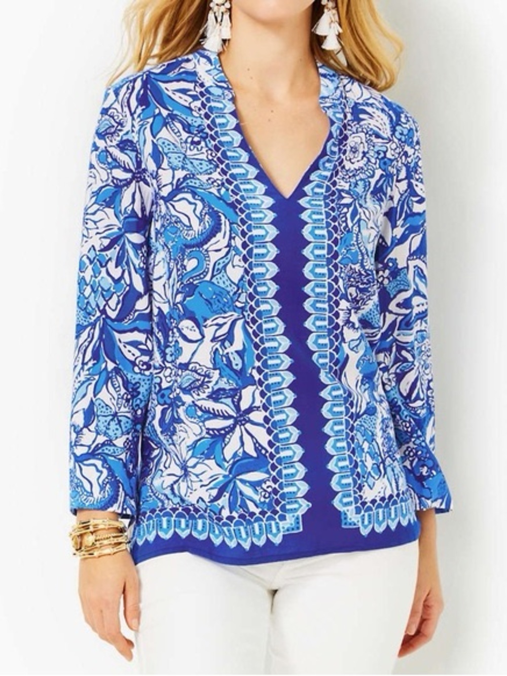 Lilly Pulitzer Royal Blue & White Floral V-Neck Blouse
